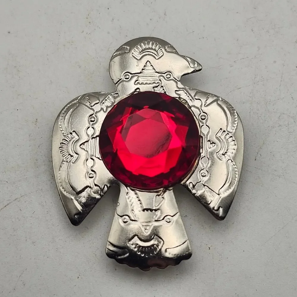Southwestern Thunderbird Button Cover Red Faceted Rhinestone Silver Tone